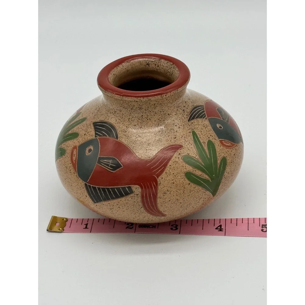 Vintage Nicaraguan Folk Art Pottery Vase Hand Carved Inciso Fish Design Boho